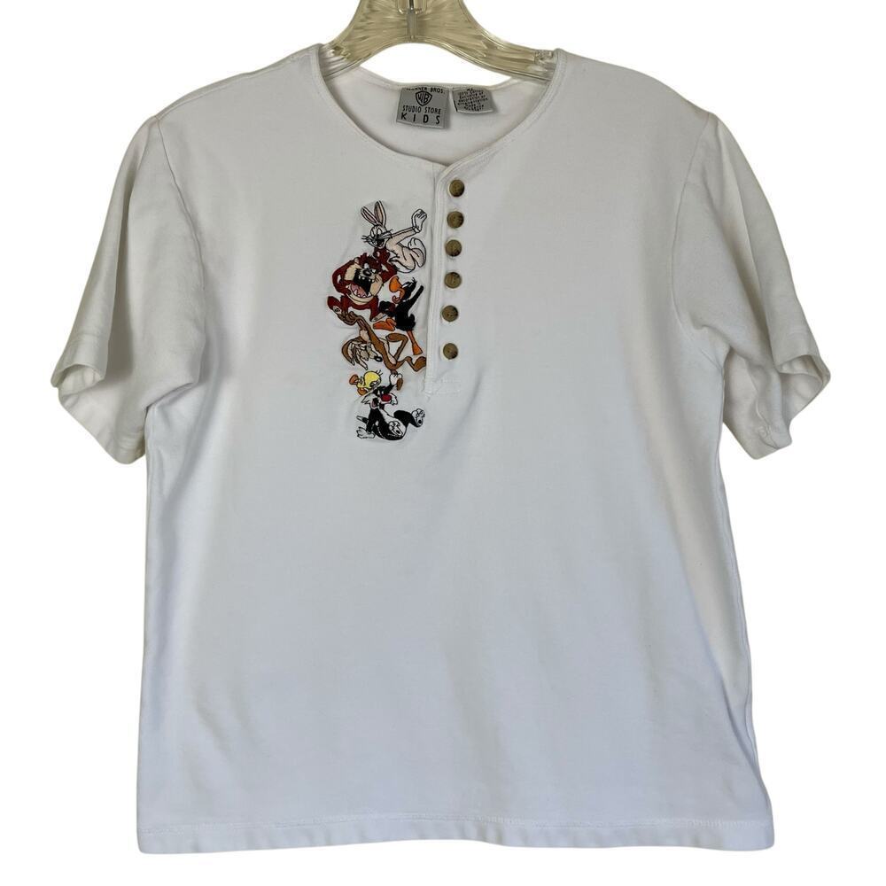 Warner Bros. Vtg 90s Henley Shirt Looney Tunes Bugs Bunny Embroidery Kidcore